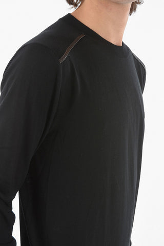 Crewneck Wool Sweater With Leather Details