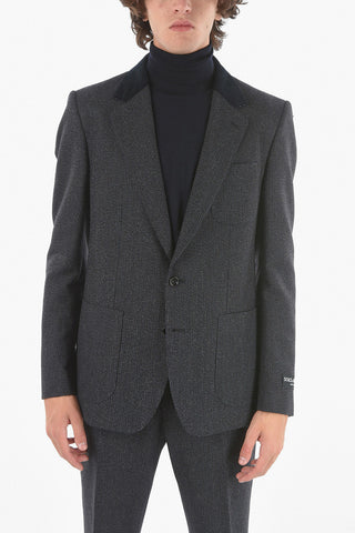 Virgin Wool-blend Tailored Blazer with Ribbed Velour Lapel
