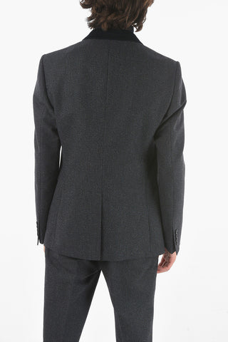 Virgin Wool-blend Tailored Blazer with Ribbed Velour Lapel