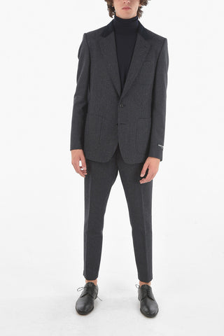 Virgin Wool-blend Tailored Blazer with Ribbed Velour Lapel