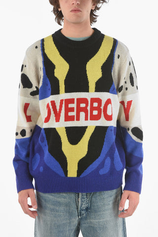 Crewneck Wool Sweater in Abstract Motif With Logo