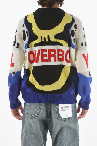 Crewneck Wool Sweater in Abstract Motif With Logo