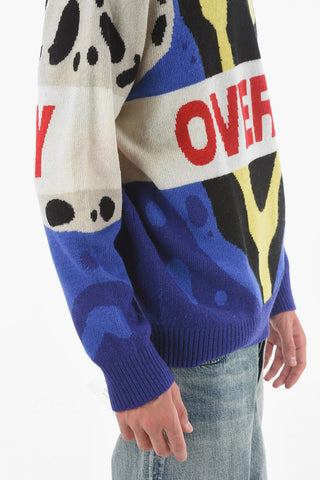 Crewneck Wool Sweater in Abstract Motif With Logo