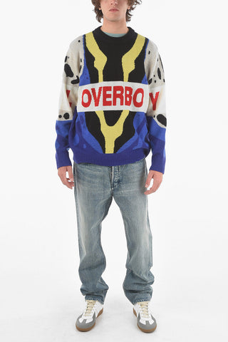 Crewneck Wool Sweater in Abstract Motif With Logo
