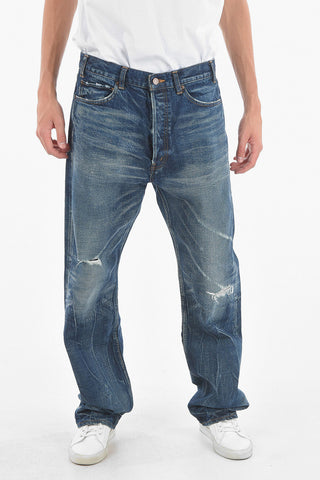 5 Pocket Distressed Detail Dark Washed Denims