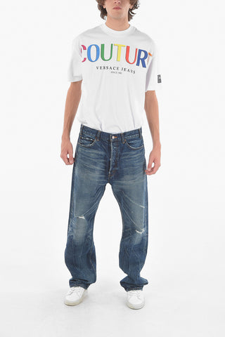 5 Pocket Distressed Detail Dark Washed Denims