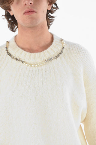 Alpaca Blend Crewneck Sweater Embelished With Chain And Beads