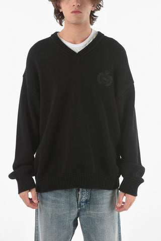 Braided-knit V-neck Sweater with Back FREE Print