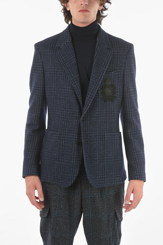 Houndstooth Virgin Wool Tailored Blazer embellished with Logo Embroidery