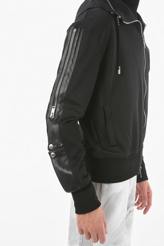Felpa Full zip con Dettagli in Pelle e Cappuccio Removibile
