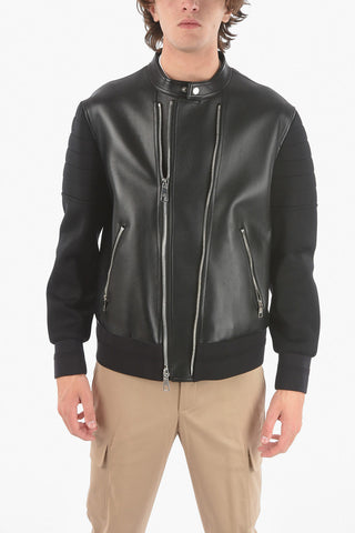 Leather Skinny Fit Biker Jacket with Fabric Sleeve