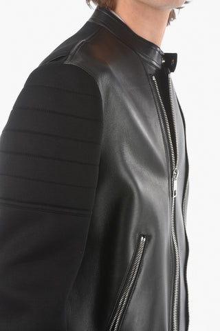 Leather Skinny Fit Biker Jacket with Fabric Sleeve