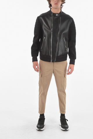 Leather Skinny Fit Biker Jacket with Fabric Sleeve