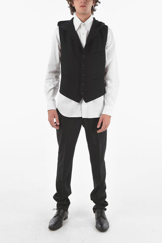 POUR HOMME Virgin Wool Lined Hooded Vest with Two Pockets