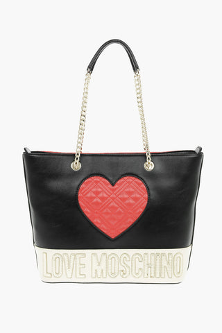 LOVE Two-Tone Faux Leather Tote Bag with Quilted Heart and Chain