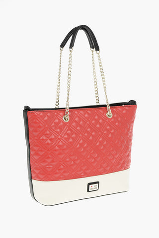 LOVE Two-Tone Faux Leather Tote Bag with Quilted Heart and Chain
