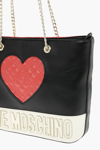 LOVE Two-Tone Faux Leather Tote Bag with Quilted Heart and Chain