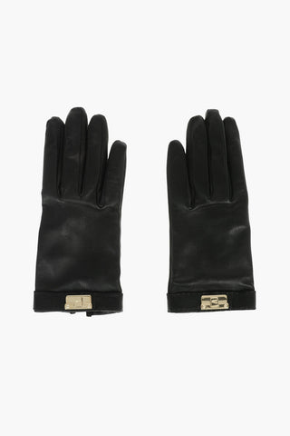 Leather Gloves with Golden Logo Detail