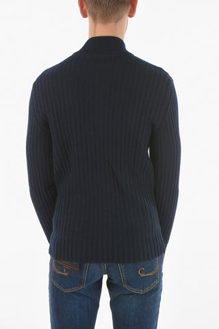 Mock Neck Suede Detail Ribbed Cashmere Sweater