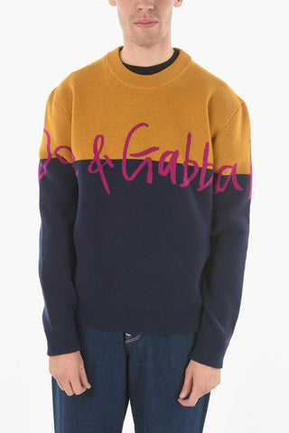 Logo Print Two Colors Crewneck Wool Sweater