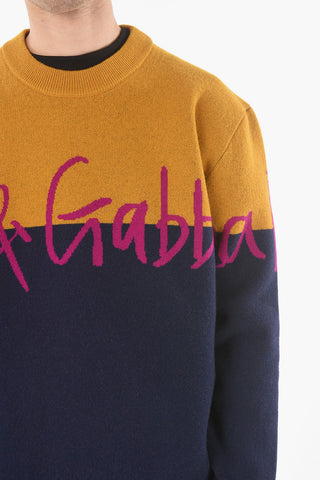 Logo Print Two Colors Crewneck Wool Sweater