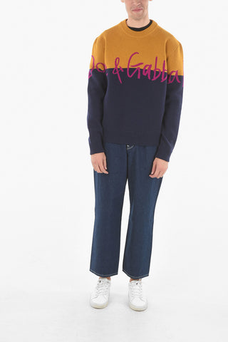 Logo Print Two Colors Crewneck Wool Sweater