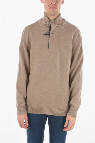 High Neck Wool Jumper With Front Hook Closure