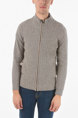 Mock Neck Suede Detail Ribbed Cashmere Sweater