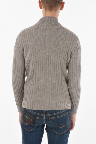 Mock Neck Suede Detail Ribbed Cashmere Sweater