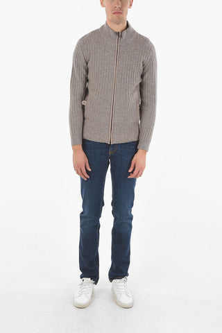 Mock Neck Suede Detail Ribbed Cashmere Sweater