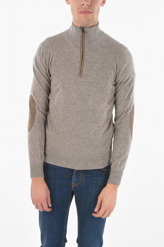 Mock Neck Cashmere Sweater with Half Zip and Suede Patches