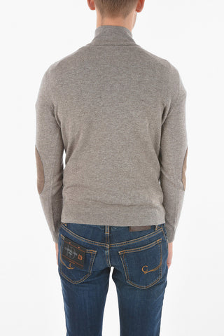 Mock Neck Cashmere Sweater with Half Zip and Suede Patches