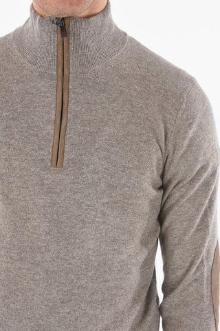Mock Neck Cashmere Sweater with Half Zip and Suede Patches