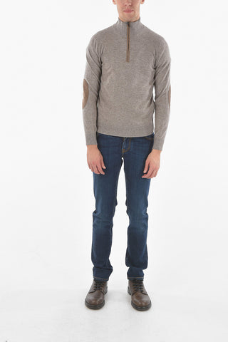 Mock Neck Cashmere Sweater with Half Zip and Suede Patches