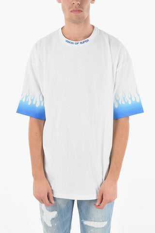 Embroidered Logo Crewneck T-shirt With Flame Printed Sleeves