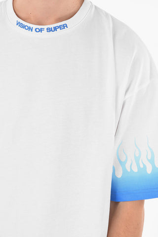 Embroidered Logo Crewneck T-shirt With Flame Printed Sleeves