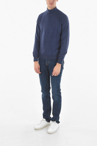 Mock Neck Virgin Wool Blend Sweater with Half Zip