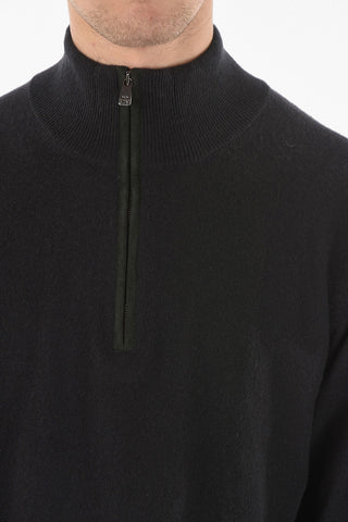 Maglia Mock Neck in Cashmere con Half Zip e Toppe in Suede