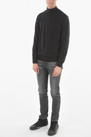 Mock Neck Cashmere Sweater with Half Zip and Suede Patches