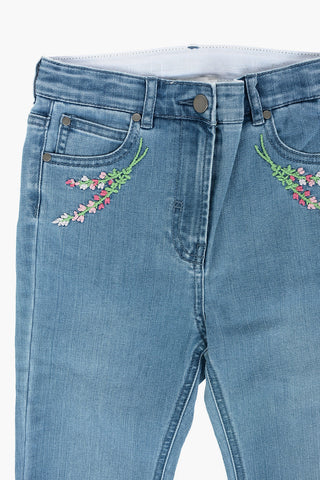 Flowers Embroidered Stretch Denim Bootcut Jeans