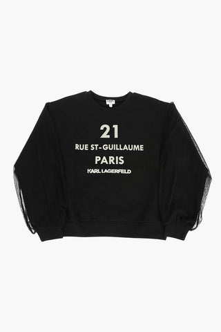 Embossed Logo Crew-neck Sweatshirt with Pleated Sleeves