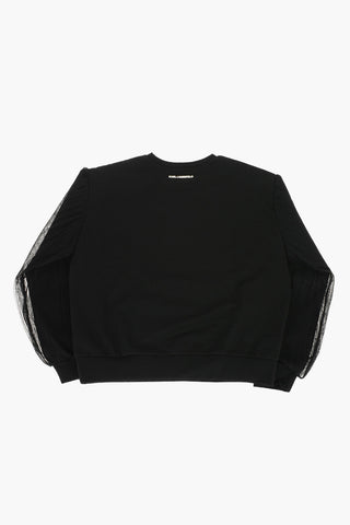 Embossed Logo Crew-neck Sweatshirt with Pleated Sleeves