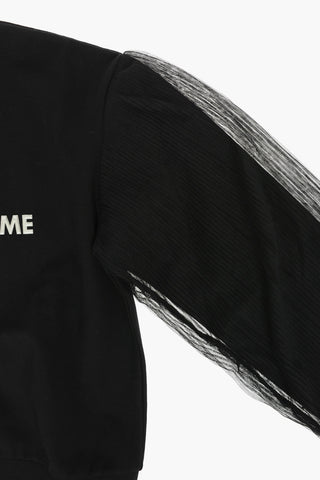 Embossed Logo Crew-neck Sweatshirt with Pleated Sleeves