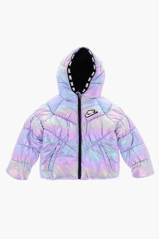 Iridescent Effect Padded Jacket with Logo Hood Edge