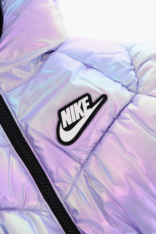 Iridescent Effect Padded Jacket with Logo Hood Edge