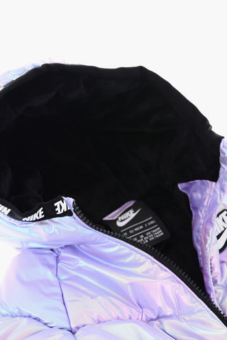 Iridescent Effect Padded Jacket with Logo Hood Edge