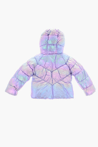 Iridescent Effect Padded Jacket with Logo Hood Edge