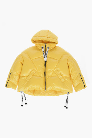 hooded down jacket with zip on the sleeve