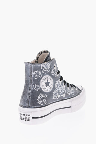 ALL STAR CHUCK TAYLOR Sneakers Alte in Pelle Fantasia Floreale con Platform 4cm