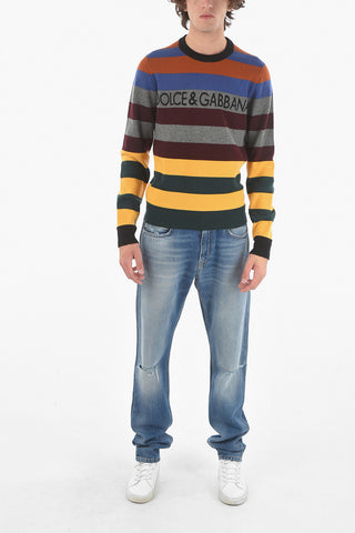 Wool Crewneck Sweater Striped Sweater Logo Print